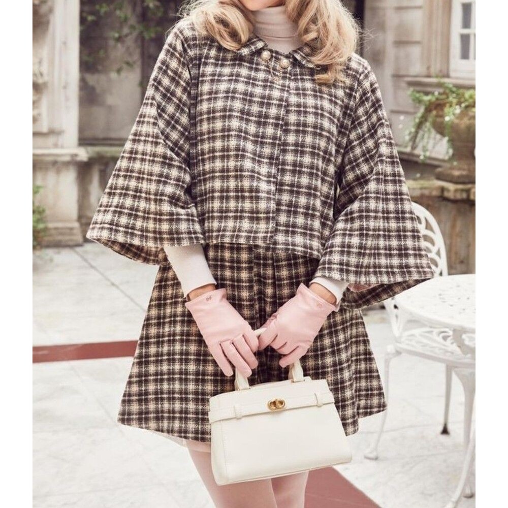 NWT Flossy by Freddy Cornelia Dress & Cape Set Plaid Brown Cream Size S/M Belt